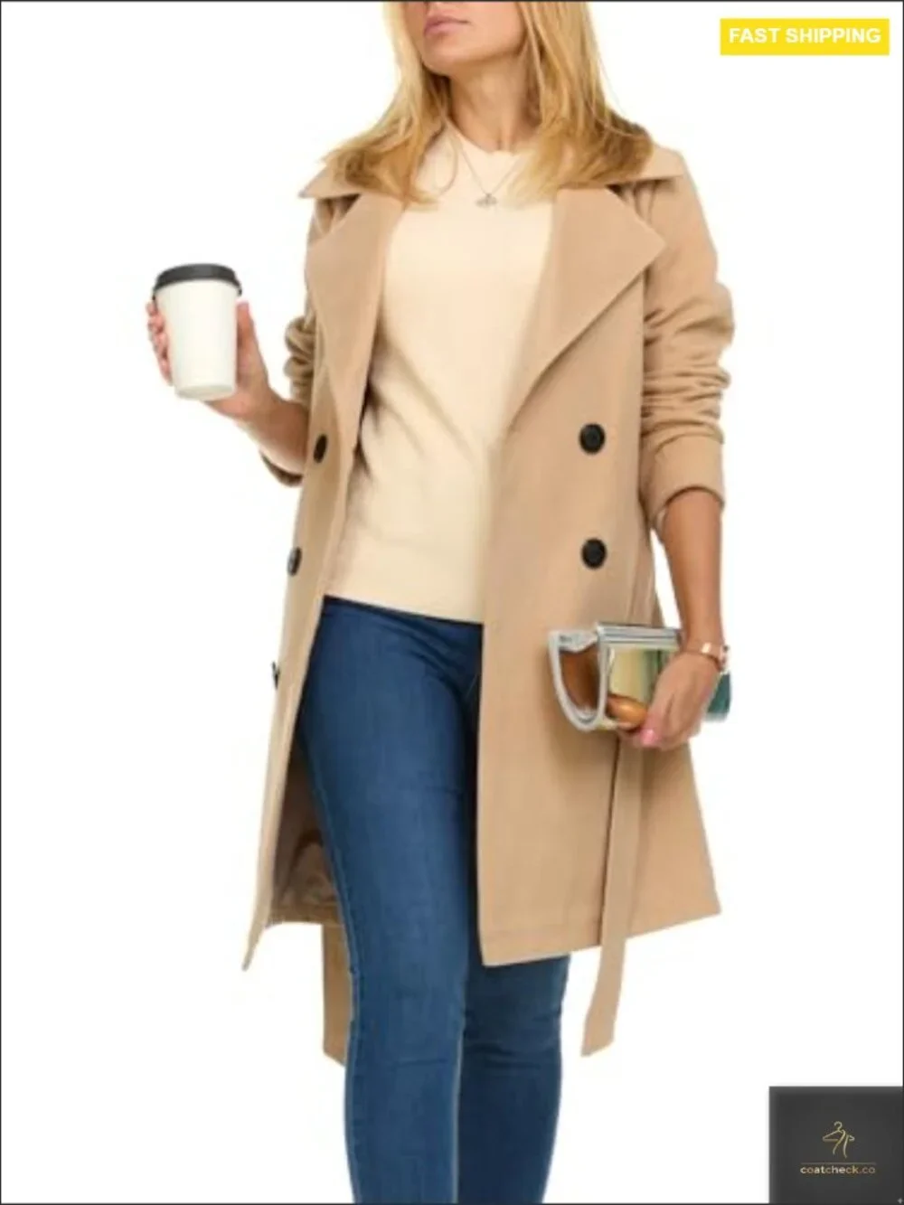 Double-Breasted Trench Coat Faux Wool Classic Elegant Winter Overcoat Fitted - Picture 4 of 7